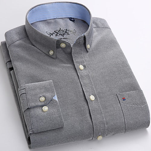 Camisa Masculina Oxford Manga Longa - Camisa Manga Longa Casual Oxford Bolso Único com Colarinho Abotoado - Camisa Masculina Manga Longa Algodão e Poliester.