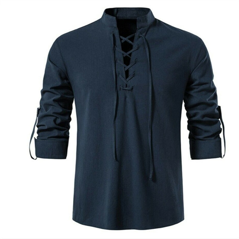 Camisa Masculina Estilo Vintage em Decote V com Manga Longa - Camisa Masculina Frente com Amarril.