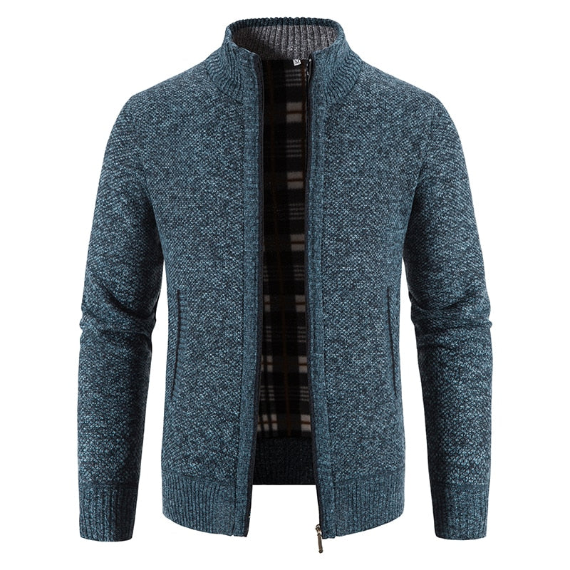 Cardigam Masculino de Gola Alta Forro de Lã com Fechamento de Ziper. Casaco Masculino Casual Cardigan Forrado