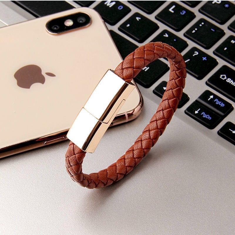 Pulseira USB de Couro para Iphone e Android. Bracelete Cabo USB