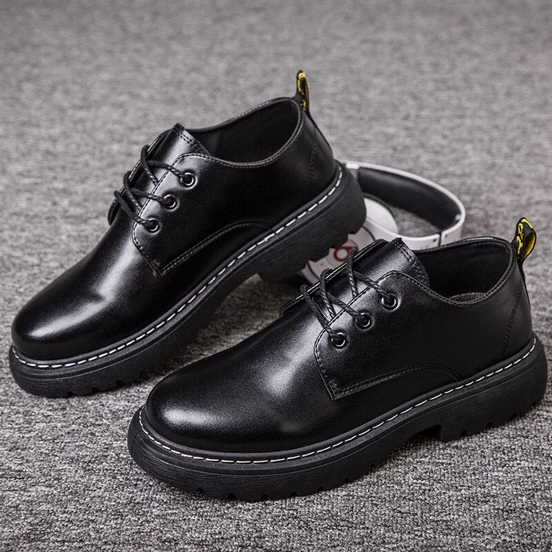 Sapato Masculino de Couro PU Casual Preto com Cadarço Estilo Britânico.