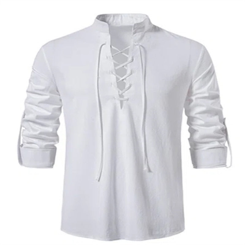 Camisa Masculina Estilo Vintage em Decote V com Manga Longa - Camisa Masculina Frente com Amarril.