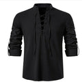 Camisa Masculina Estilo Vintage em Decote V com Manga Longa - Camisa Masculina Frente com Amarril.