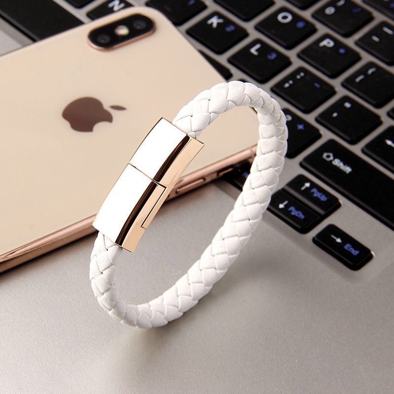 Pulseira USB de Couro para Iphone e Android. Bracelete Cabo USB