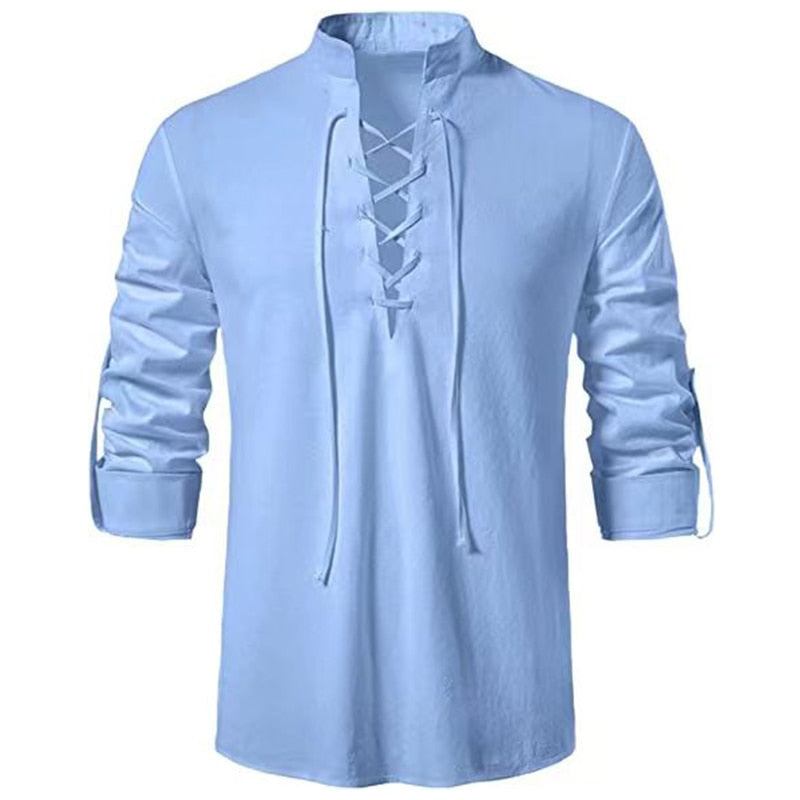 Camisa Masculina Estilo Vintage em Decote V com Manga Longa - Camisa Masculina Frente com Amarril.