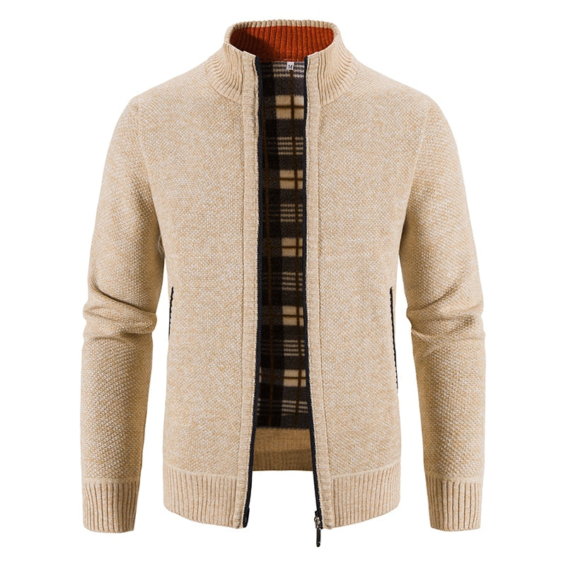 Cardigam Masculino de Gola Alta Forro de Lã com Fechamento de Ziper. Casaco Masculino Casual Cardigan Forrado