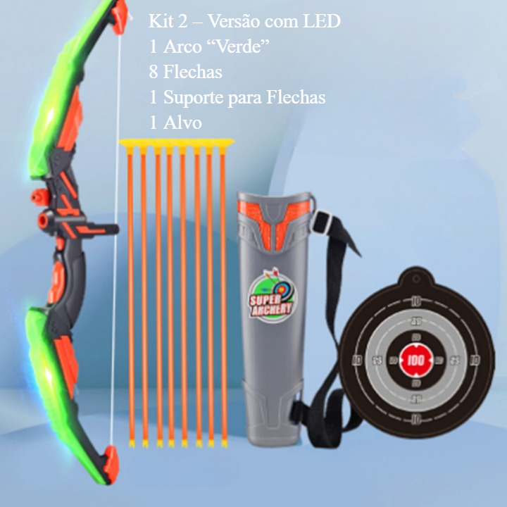 Arco e Flechas para Crianças. Kit contém Arco com Luz de Led, Flechas e Alvo.