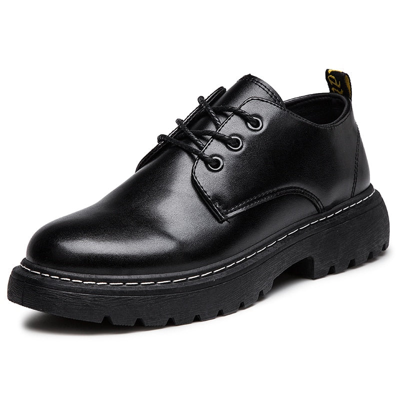 Sapato Masculino de Couro PU Casual Preto com Cadarço Estilo Britânico.