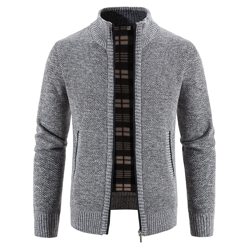 Cardigam Masculino de Gola Alta Forro de Lã com Fechamento de Ziper. Casaco Masculino Casual Cardigan Forrado